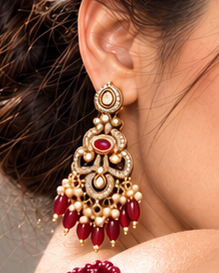 A woman wearing a black evening gown and ornate gold and red jewelry, including a statement necklace draped over her shoulders and matching earrings, posed against a neutral gray studio background.
