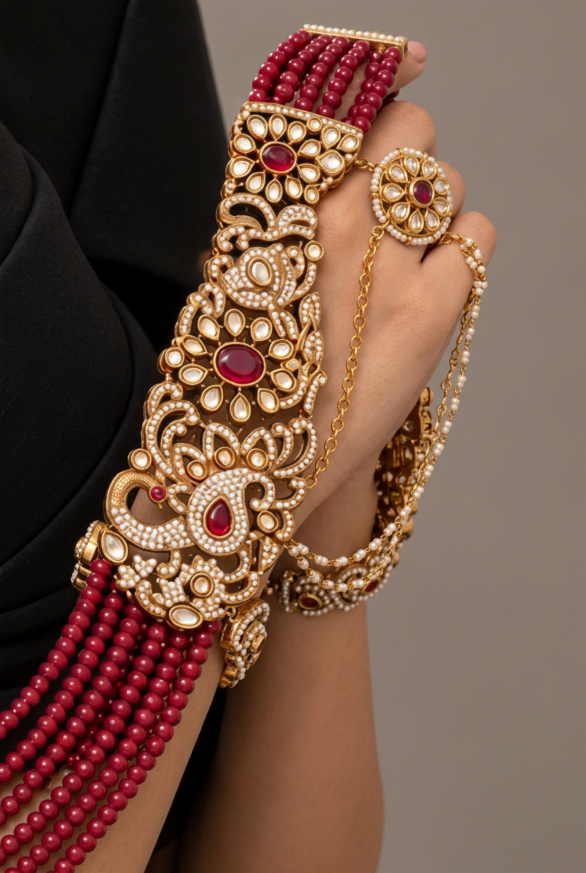 A woman wearing a black evening gown and ornate gold and red jewelry, including a statement necklace draped over her shoulders and matching earrings, posed against a neutral gray studio background.