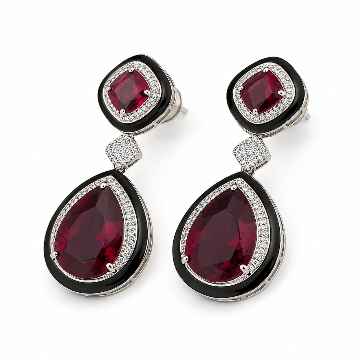 Celestia Ruby Noir Drop Earrings | Black Enamel CZ Statement Earrings