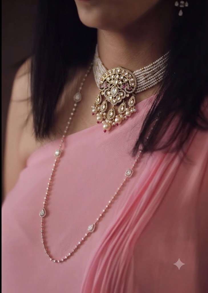 A close-up of a woman wearing traditional Indian jewelry, featuring a gold and pearl choker necklace with a large central pendant and a matching long pearl strand draped over a pink draped dress.