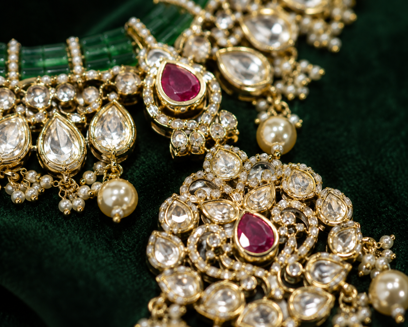 An ornate gold-toned traditional necklace with clear stones, pearl-like beads, and prominent pink teardrop gemstones, displayed on a dark green velvet fabric.