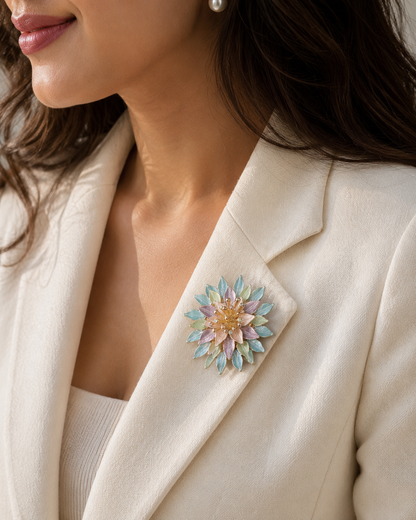 A close-up of a woman wearing a cream-colored blazer and a pastel iridescent flower-shaped brooch pinned to the lapel.