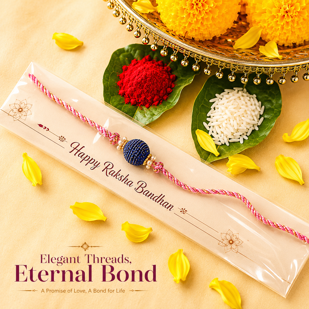 Royal Blue Bead Rakhi | Handcrafted Pink Thread Rakhi