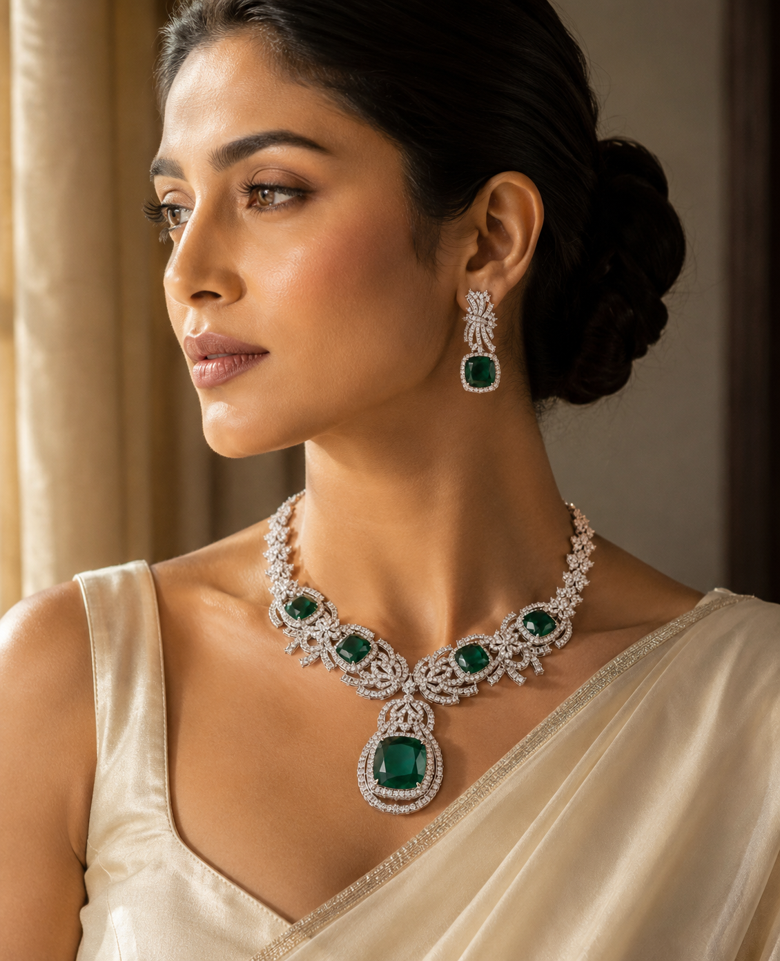 Luxury emerald green cubic zirconia statement necklace set with matching drop earrings for weddings, receptions, festive occasions, sarees and lehengas.