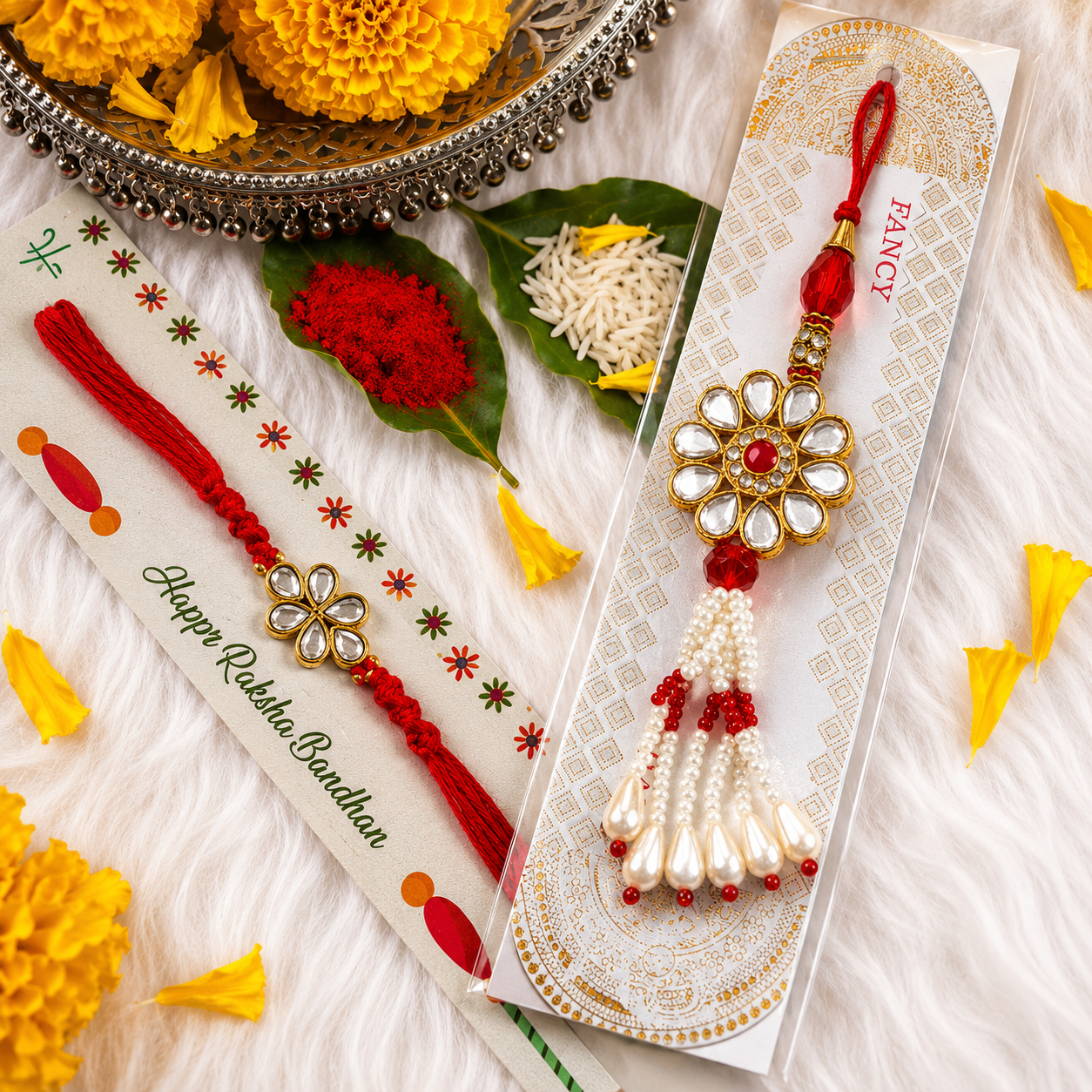 Floral Kundan Rakhi Combo | Red Rakhi Gift Set