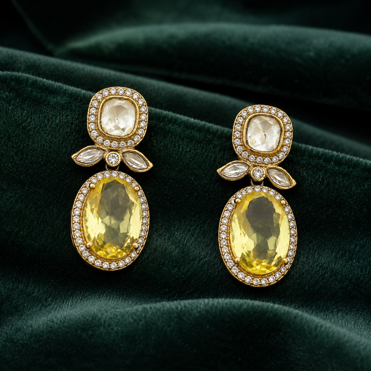 Zaria Lemon Quartz Statement Earrings | Gold-Tone CZ Party Earrings
