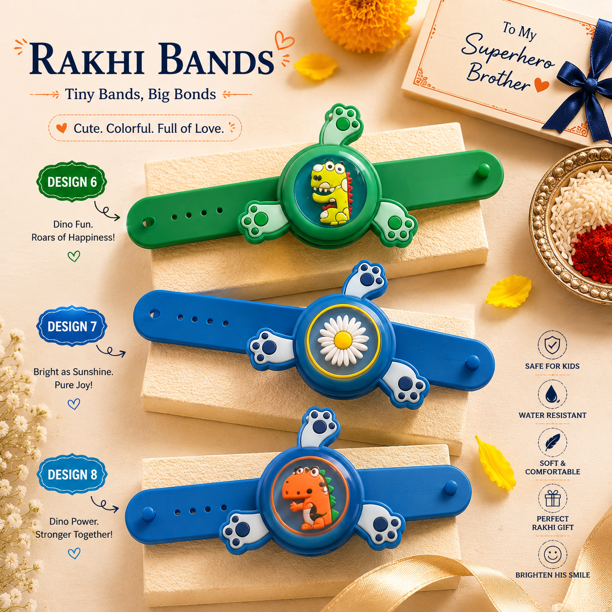 Three colorful Rakhi bands are displayed on wooden blocks against a warm beige background with decorative floral elements and gift props. The top band is green with a cartoon dinosaur, the middle is blue with a daisy, and the bottom is blue with a dinosaur.