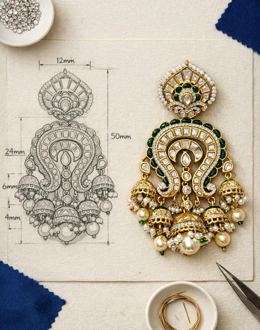 An ornate gold and pearl traditional Indian jhumka earring is displayed next to a black-and-white technical sketch of its design with dimensions, on a textured beige paper background with jewelry accessories.