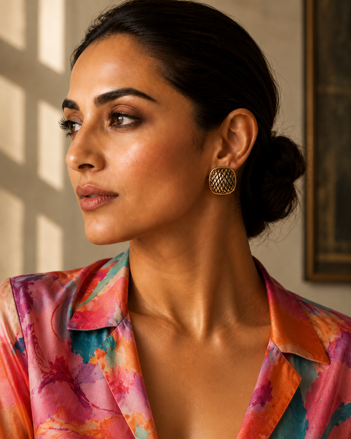 Woman wearing textured gold statement stud earrings with a vibrant floral satin shirt in a luxury editorial portrait.