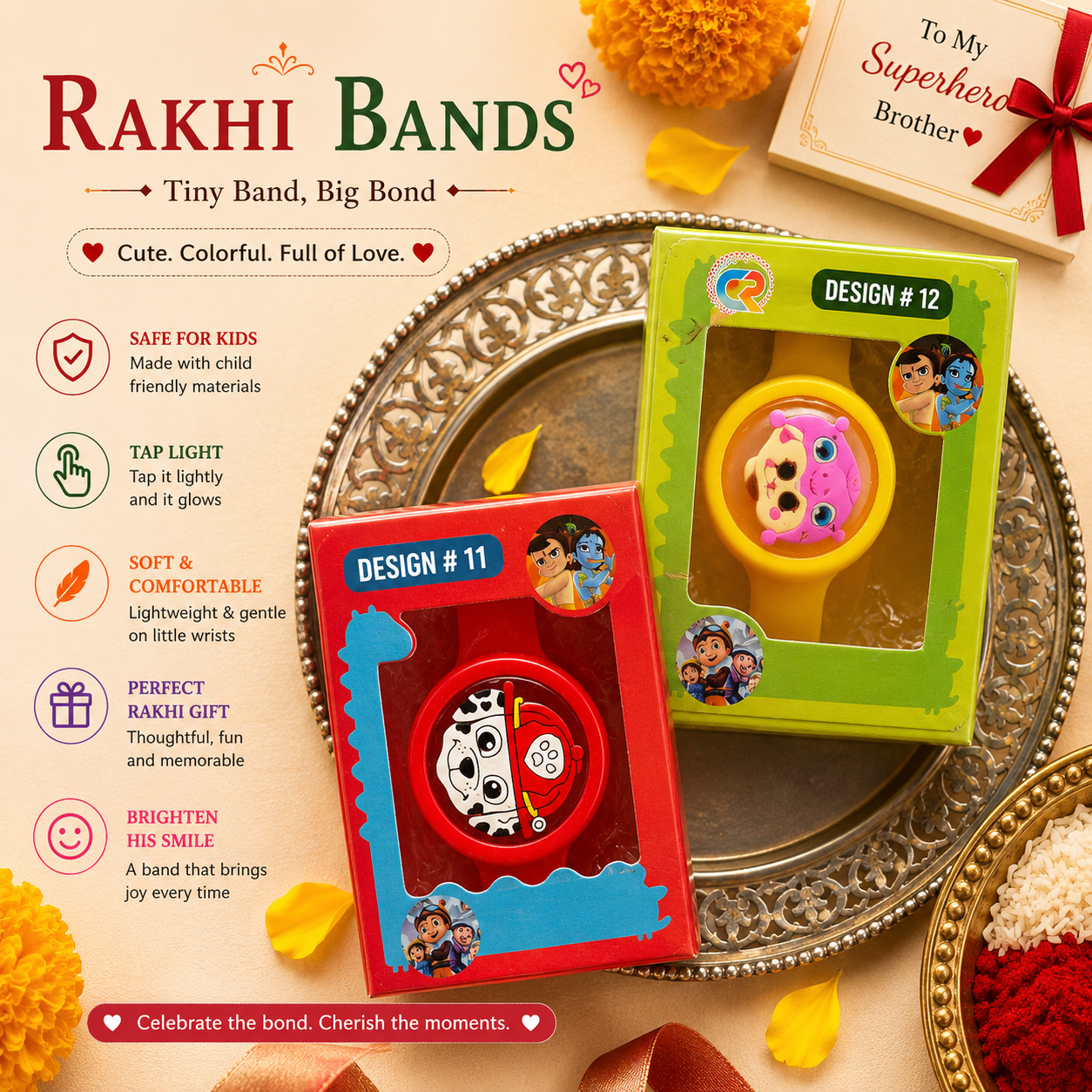 Two Rakhi bands in colorful retail packaging displayed on an ornate silver tray, with product features and gift message text on a warm beige background.