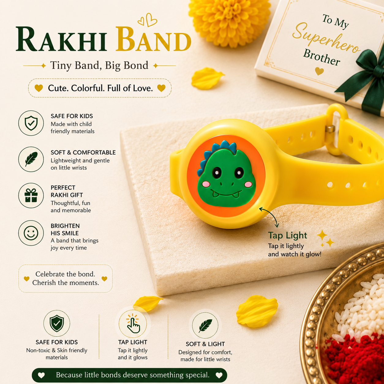 A yellow kids' wristwatch band with a cartoon dinosaur face and a built-in light, shown on a cream surface with marketing text, decorative flowers, and gift-themed props. The product is the watch band and watch face, not the surrounding props.