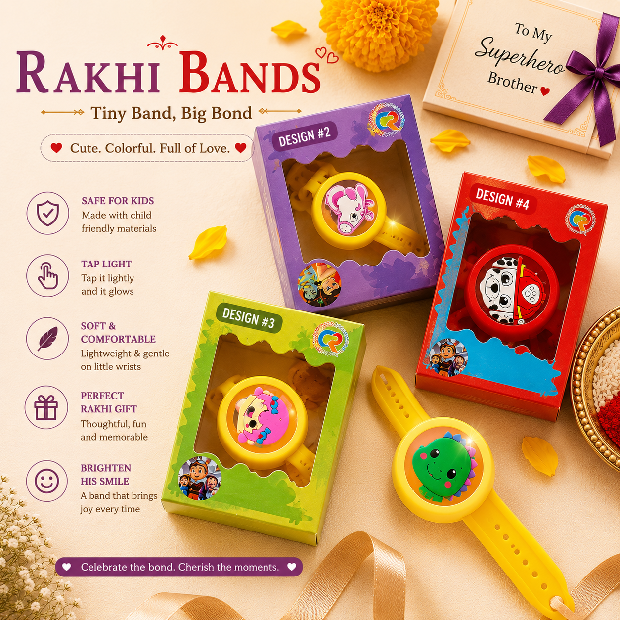 A Rakhi gift set featuring three colorful packaged traditional Indian wedding bands (Design #2 purple, Design #3 green, Design #4 red) and two loose yellow plastic Rakhi bands, displayed on a warm beige background with decorative ribbons, marigold flowers, and a wooden gift box.