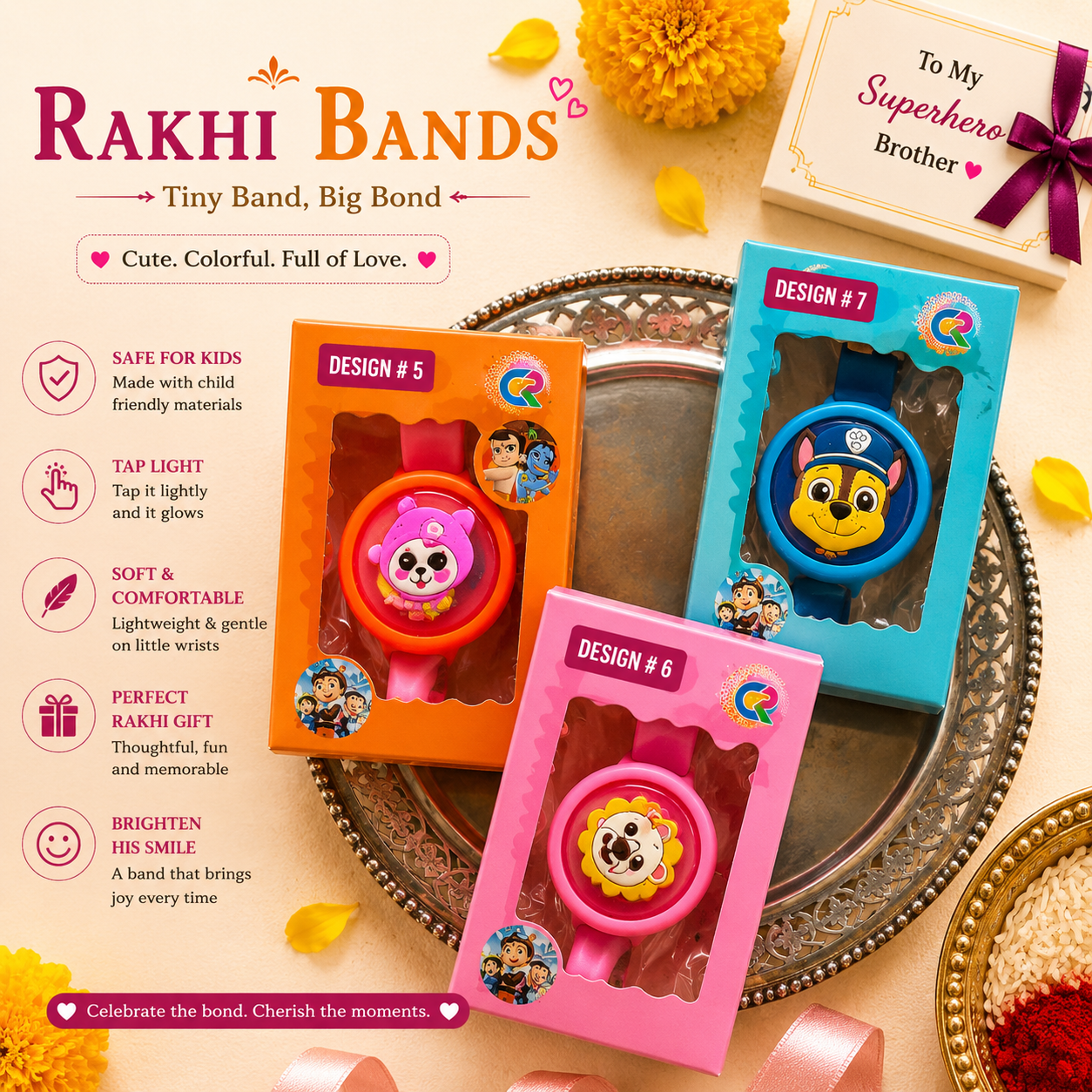 Three packaged Rakhi Band wristwatch gift sets in pink, orange, and blue are arranged on a decorative tray with floral props and a gift card. The packaging shows cartoon dog characters and the text 'Design 5', 'Design 6', and 'Design 7'.