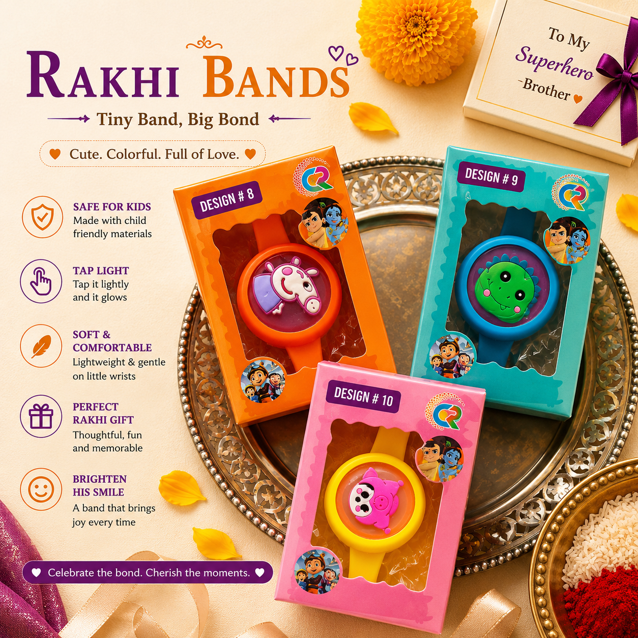 Three packaged Rakhi bands in orange, turquoise, and pink designs are displayed on an ornate silver tray with decorative props, alongside product features and a gift message card.