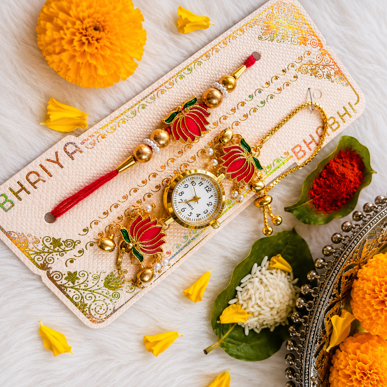 A decorative baby wristlet set displayed on a branded card, featuring a gold-tone watch with a white face, red lotus charms, green leaves, and a red tassel. The set is styled with marigold flowers, rice, and powder on a white faux fur surface.