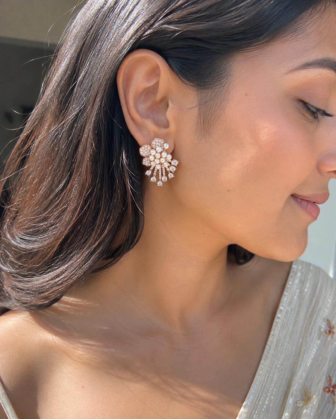 Pearl Kusum Spray Earrings worn on a model