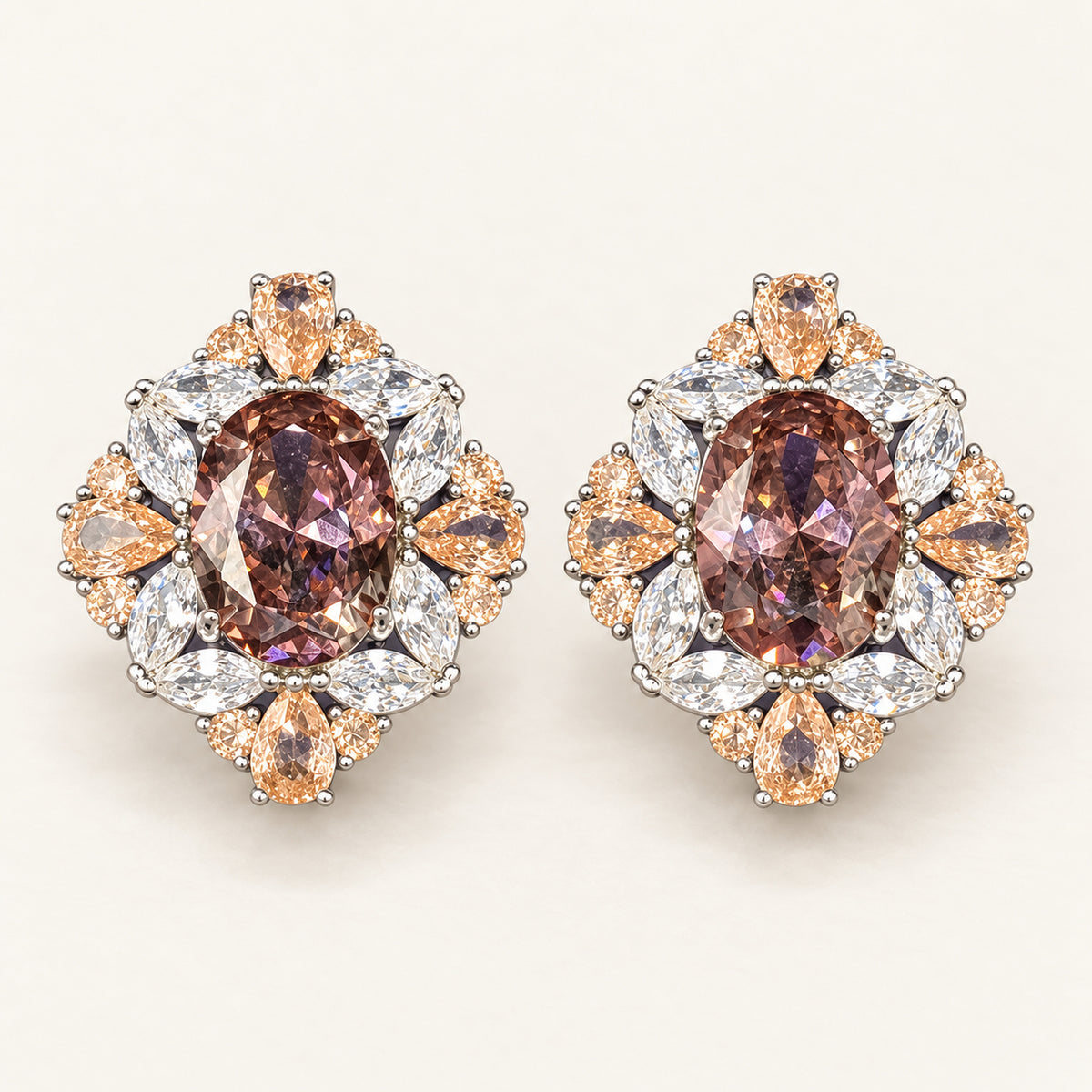 Oval smoky centre stud earrings with champagne and clear halo stones | Smoky mauve / champagne / clear / gold tone