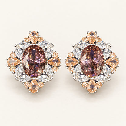 Oval smoky centre stud earrings with champagne and clear halo stones | Smoky mauve / champagne / clear / gold tone