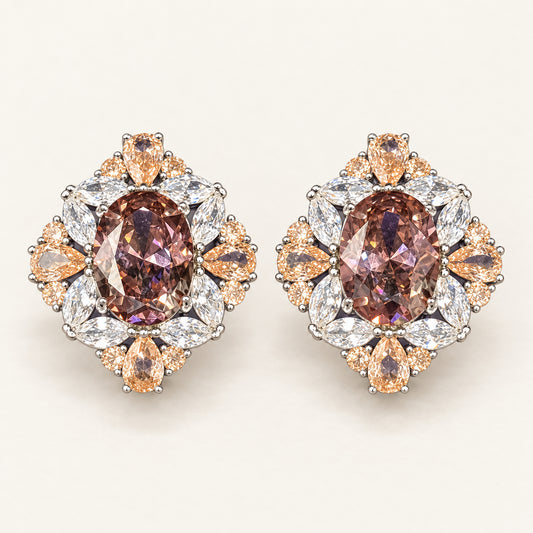 Oval smoky centre stud earrings with champagne and clear halo stones | Smoky mauve / champagne / clear / gold tone