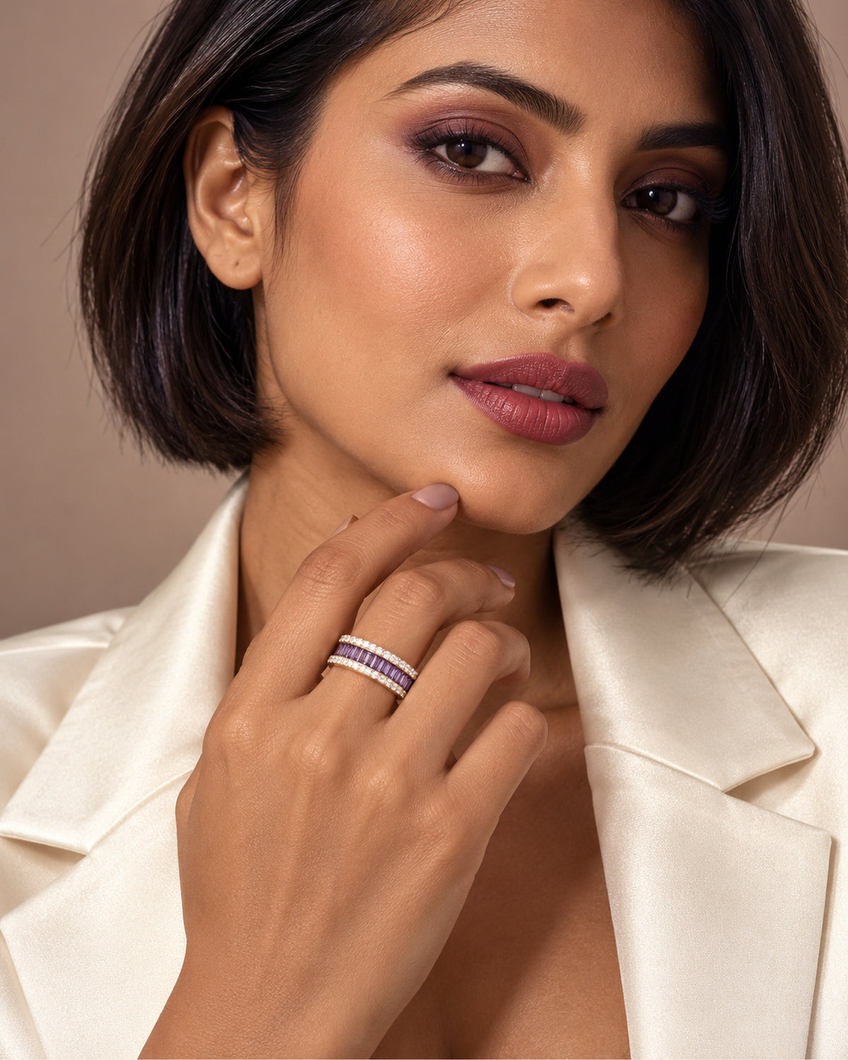 Purple Baguette Ring by PRISTYN Jewels, worn view