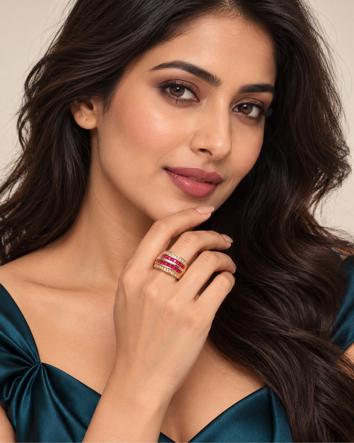 Raspberry Channel Ring by PRISTYN Jewels, worn view