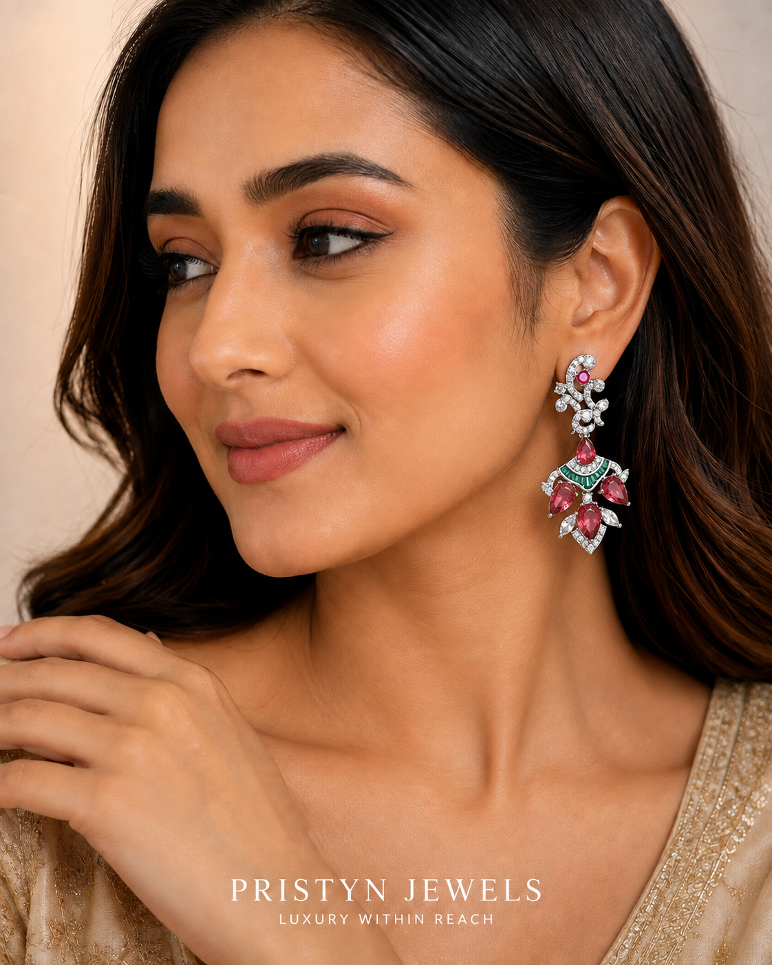 Ruby Anika Chandelier Earrings worn on a model