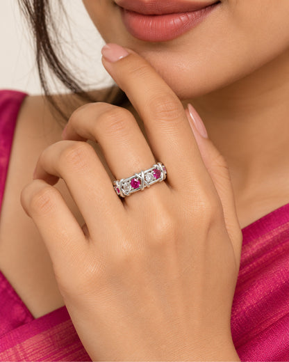 Ruby Bamboo Ring by PRISTYN Jewels, worn view