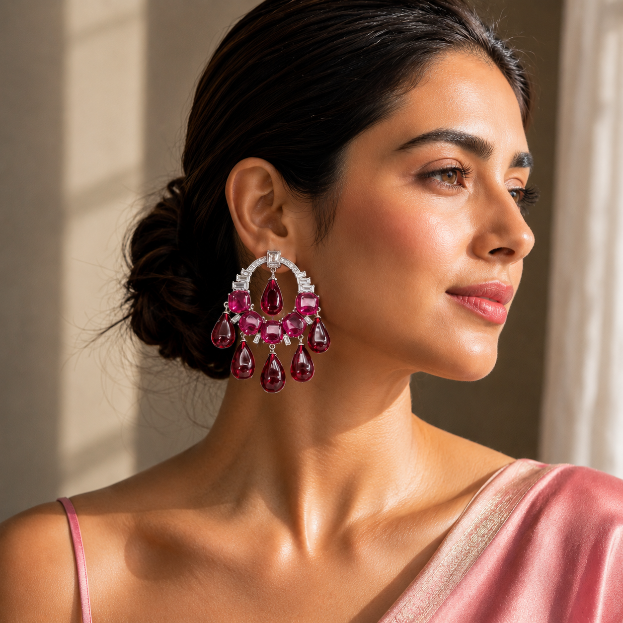 A woman in profile wearing a large, ornate teardrop dangle earring with deep pinkish-red teardrop stones and a silver-toned setting with clear stones.