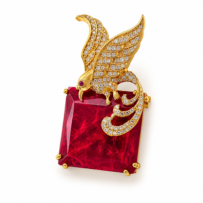 A gold-toned brooch featuring a large square red gemstone and a pavé-set gold phoenix rising from it, accented with clear crystals on a white background.