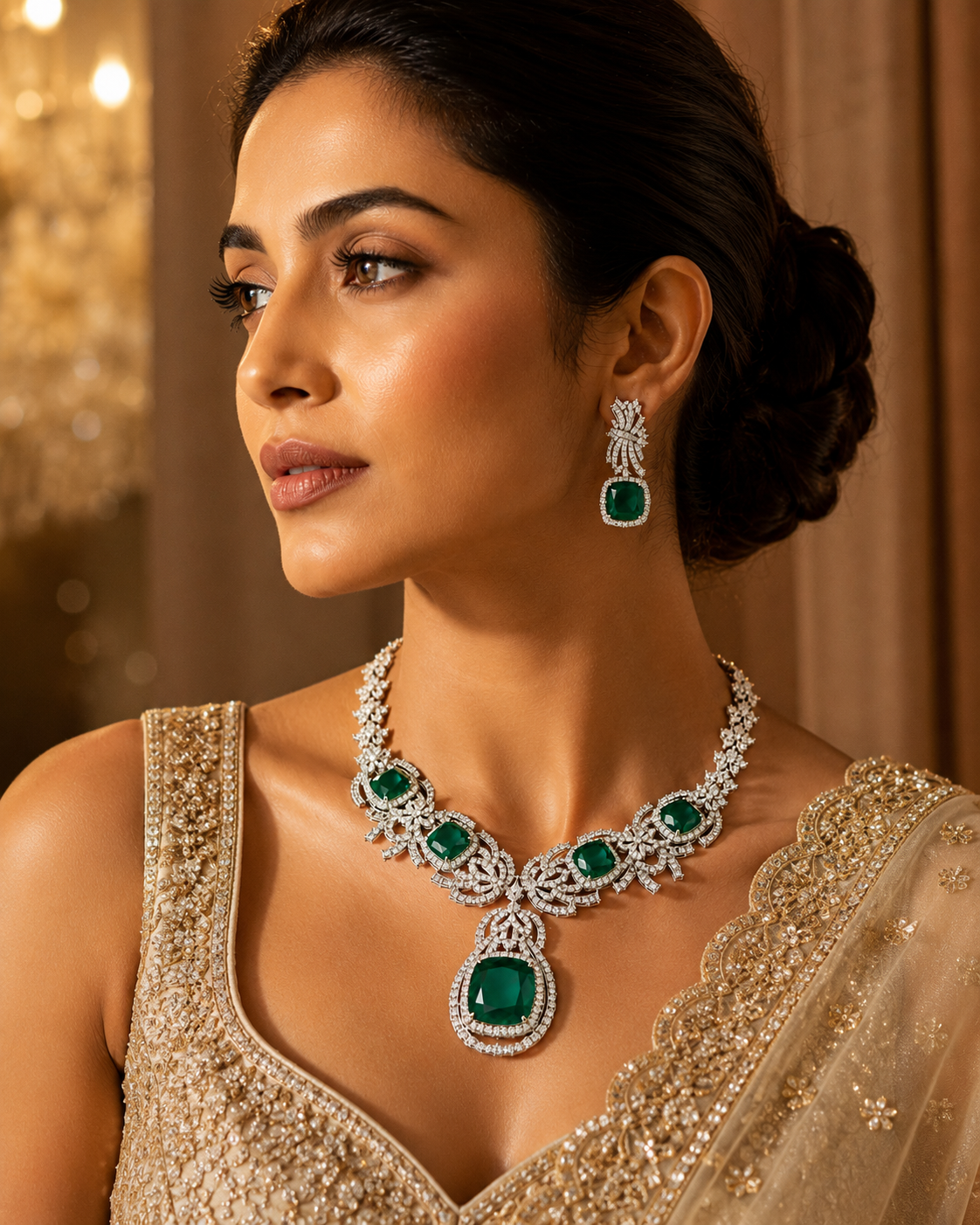 A woman wearing an ornate jewelry set featuring a silver-toned necklace and matching drop earrings with large emerald-cut green stones, paired with a beige embellished traditional garment.