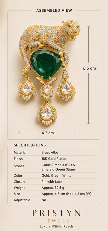An informational product graphic for a brooch shaped like a panther, showing the assembled piece with dimensions and specifications. The brooch has a large emerald green center stone, sparkling gold-toned metal, and clear rhinestone-like stones.